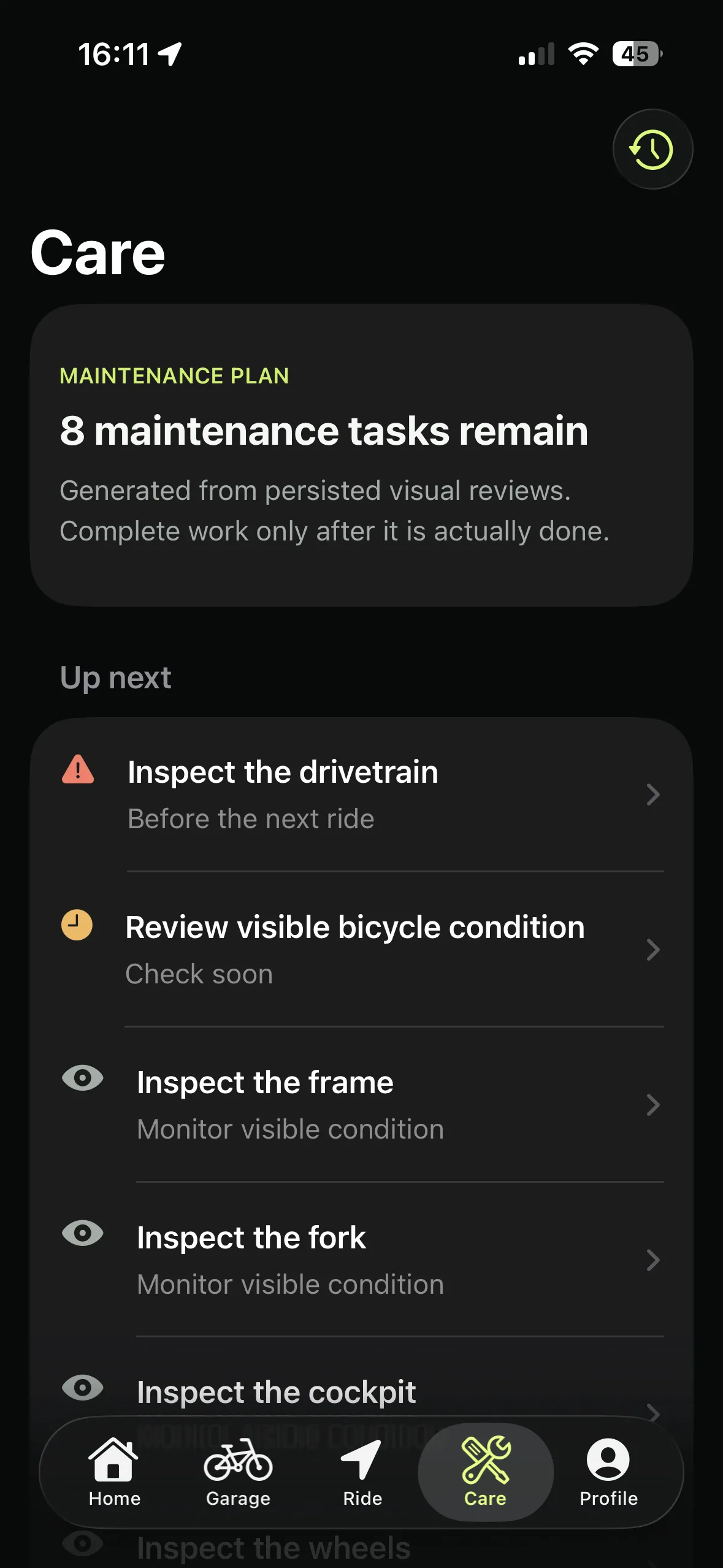 VeloCare maintenance plan screen