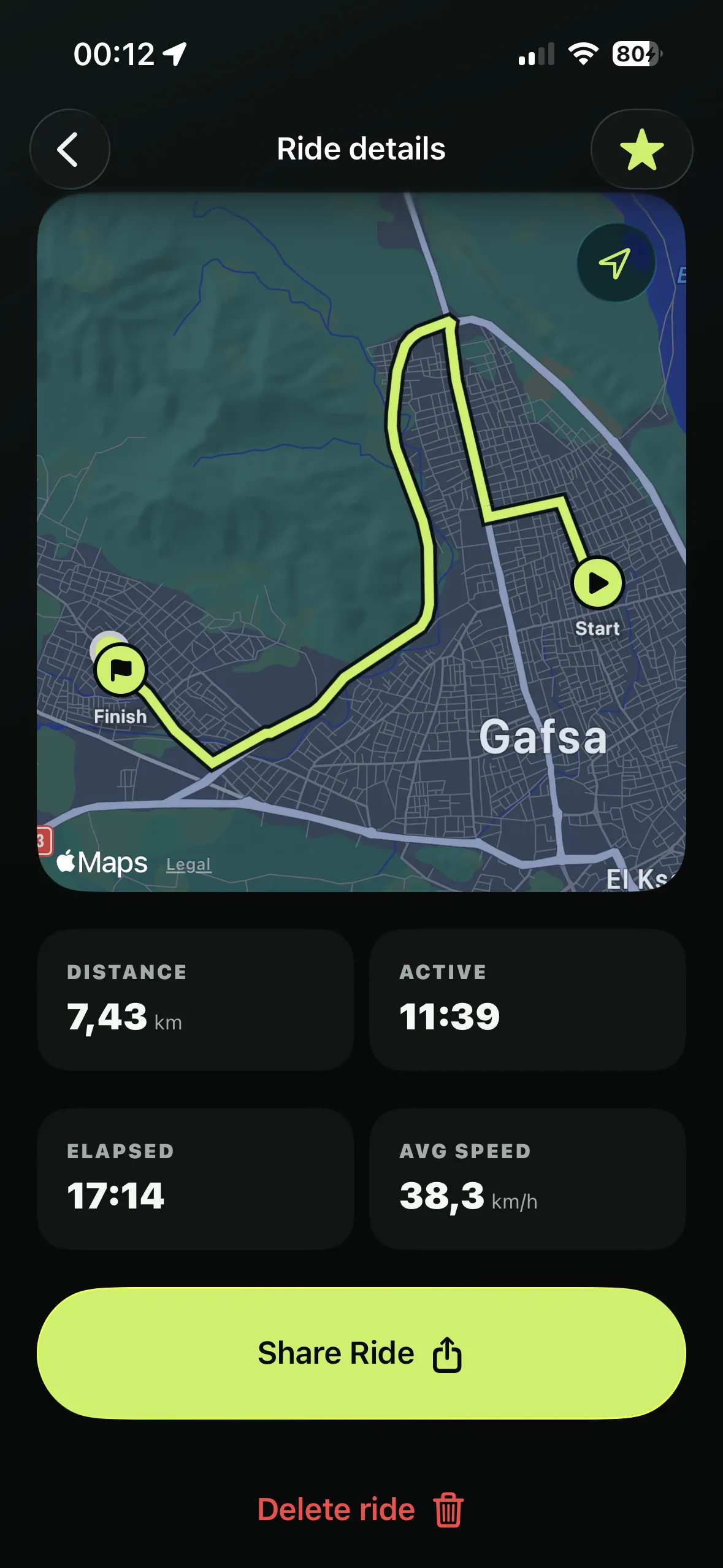 Saved ride details and route