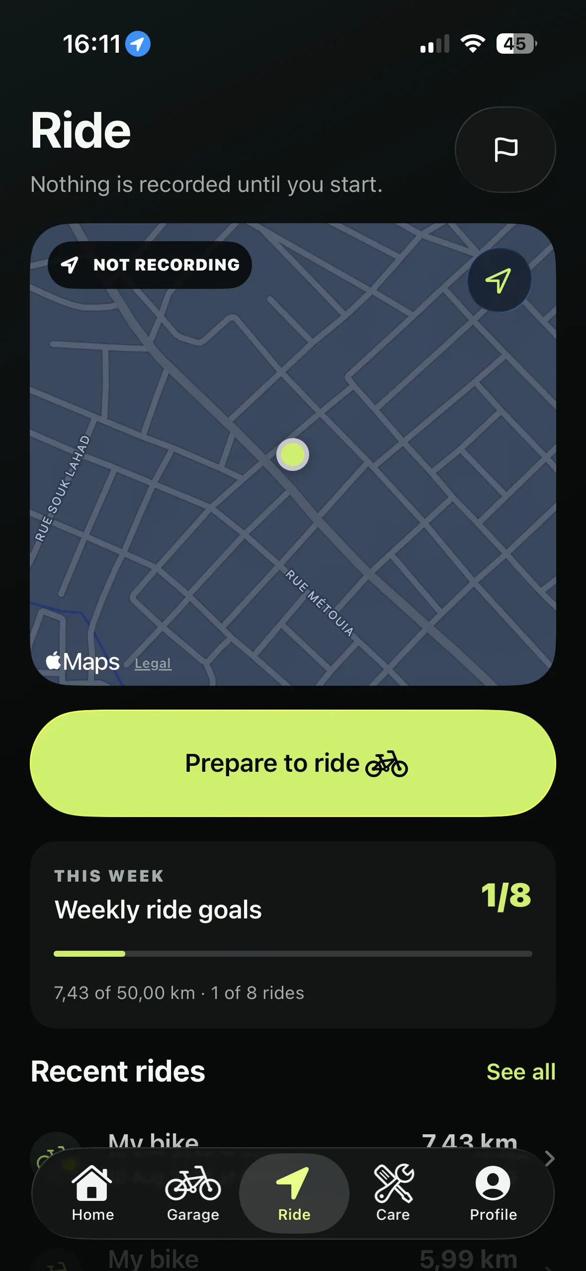 VeloCare ride screen