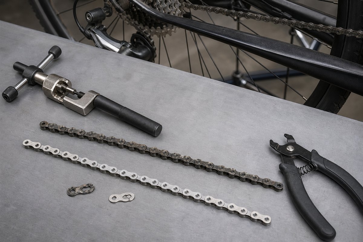 A metal chain wear tool measuring a bicycle chain