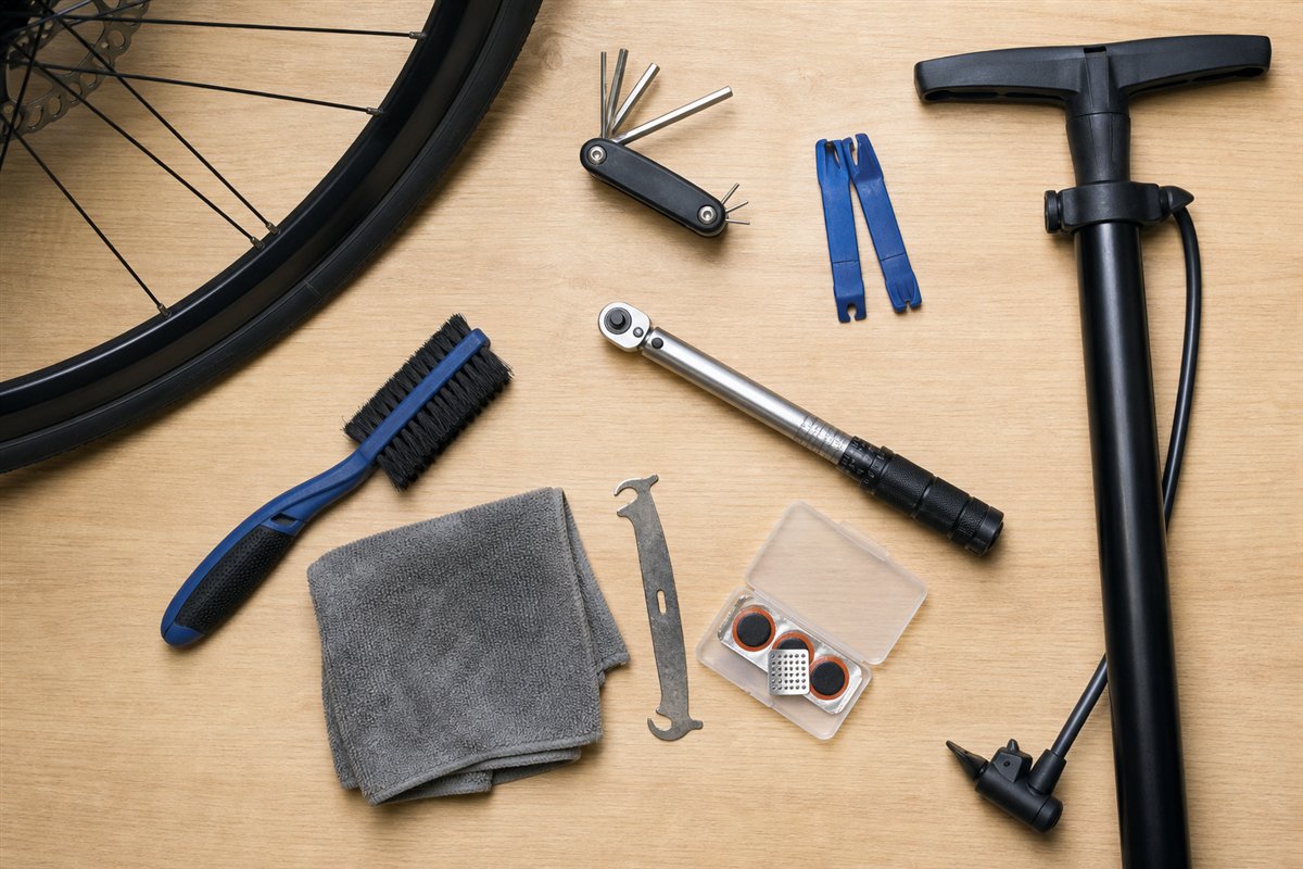 Essential bicycle maintenance tools arranged neatly on a pale wood workbench