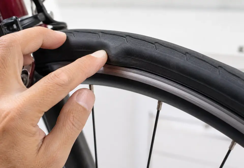 A bicycle tire sidewall being checked for a small bulge