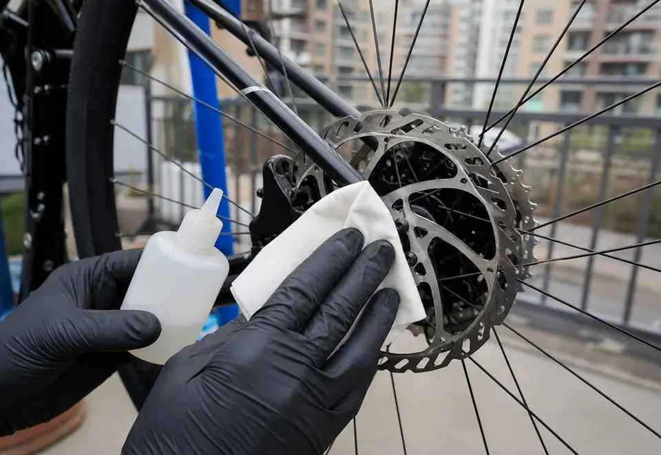 A mechanic inspecting a bicycle disc brake with a small light