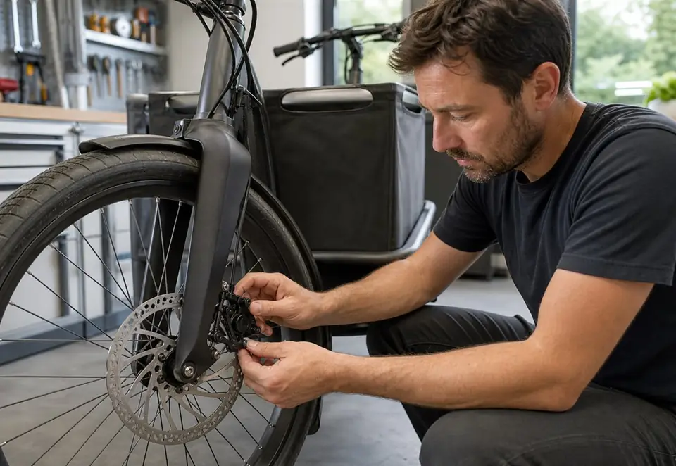A modern bicycle disc brake undergoing a detailed inspection