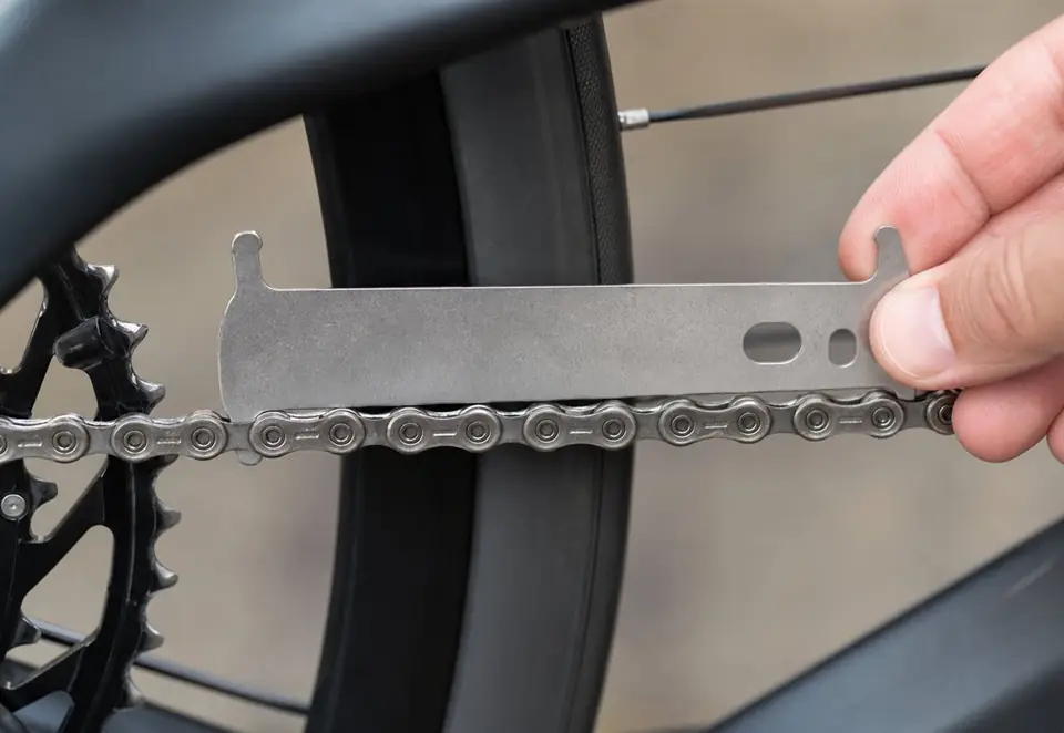 A bicycle chain being measured with an unbranded metal wear gauge