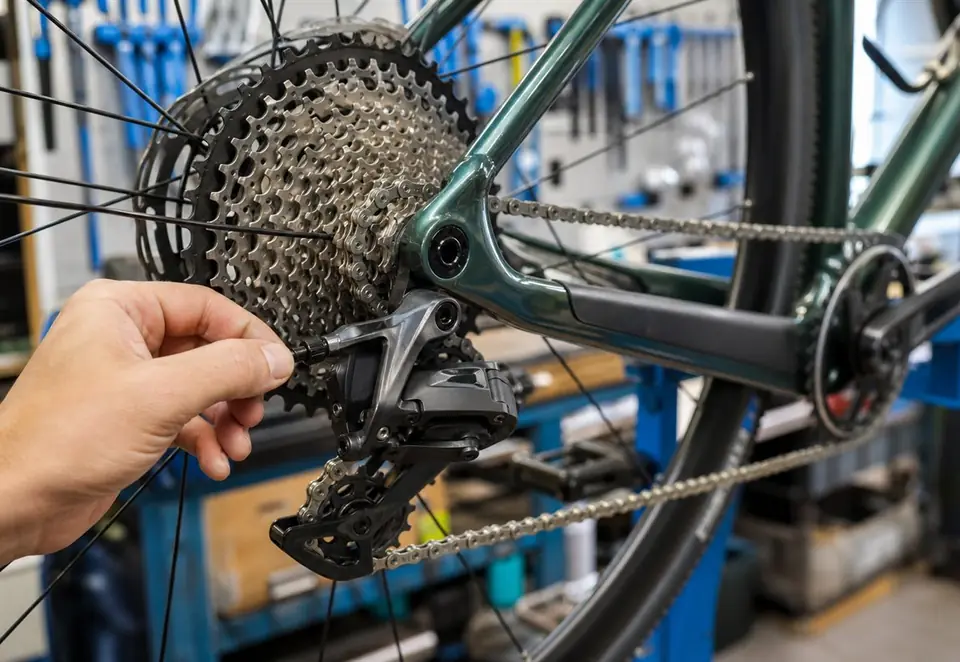 A close view of a bicycle chain, cassette, and rear derailleur