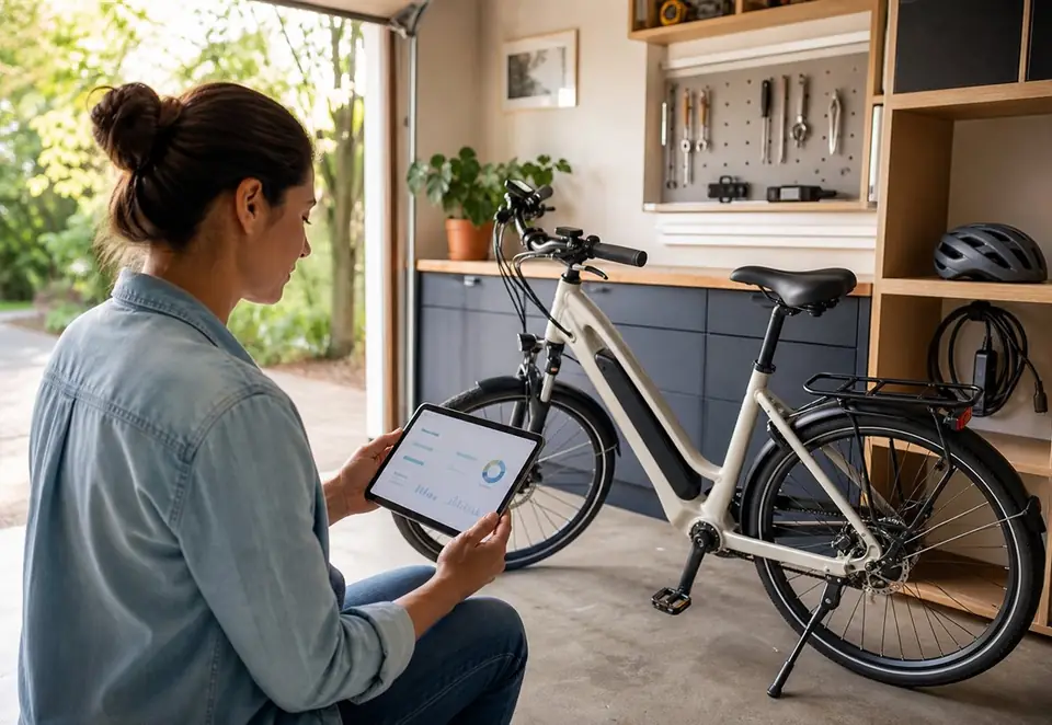 A mechanic inspecting the removable battery of a commuter e-bike