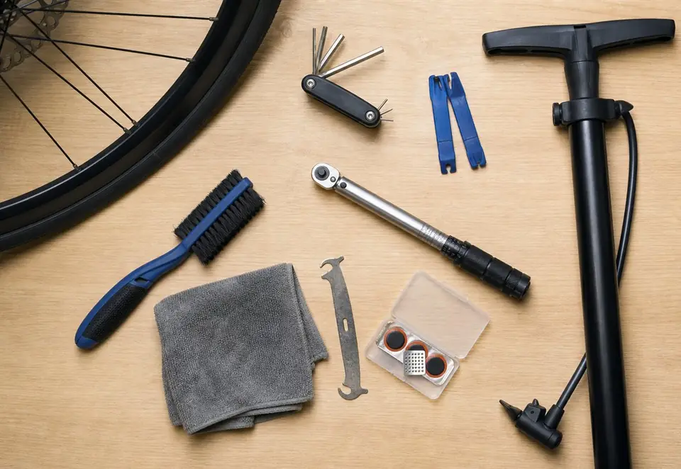 Essential bicycle maintenance tools arranged neatly on a pale wood workbench