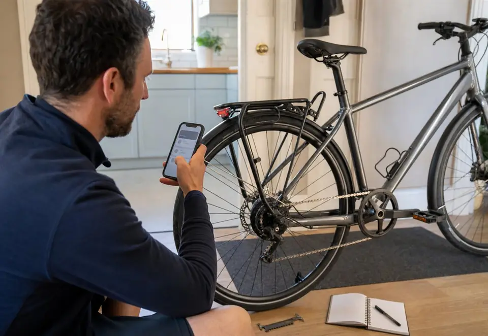 A bicycle on a repair stand in a clean bright workshop