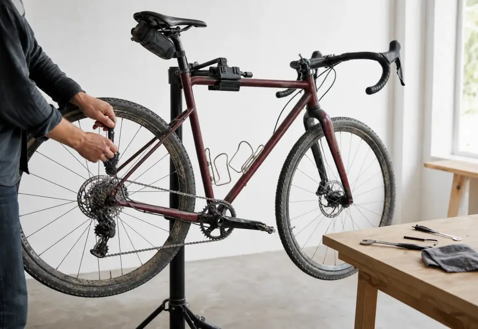 A well-used bicycle undergoing routine maintenance in a bright workshop