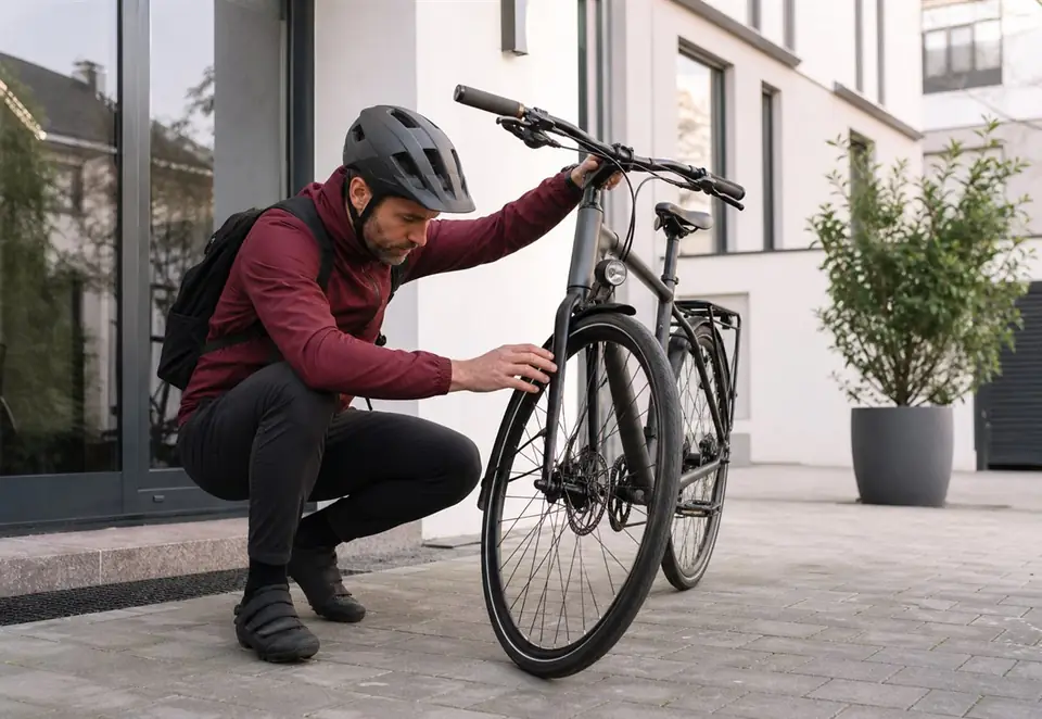 A buyer carefully inspecting a used bicycle in a bright courtyard